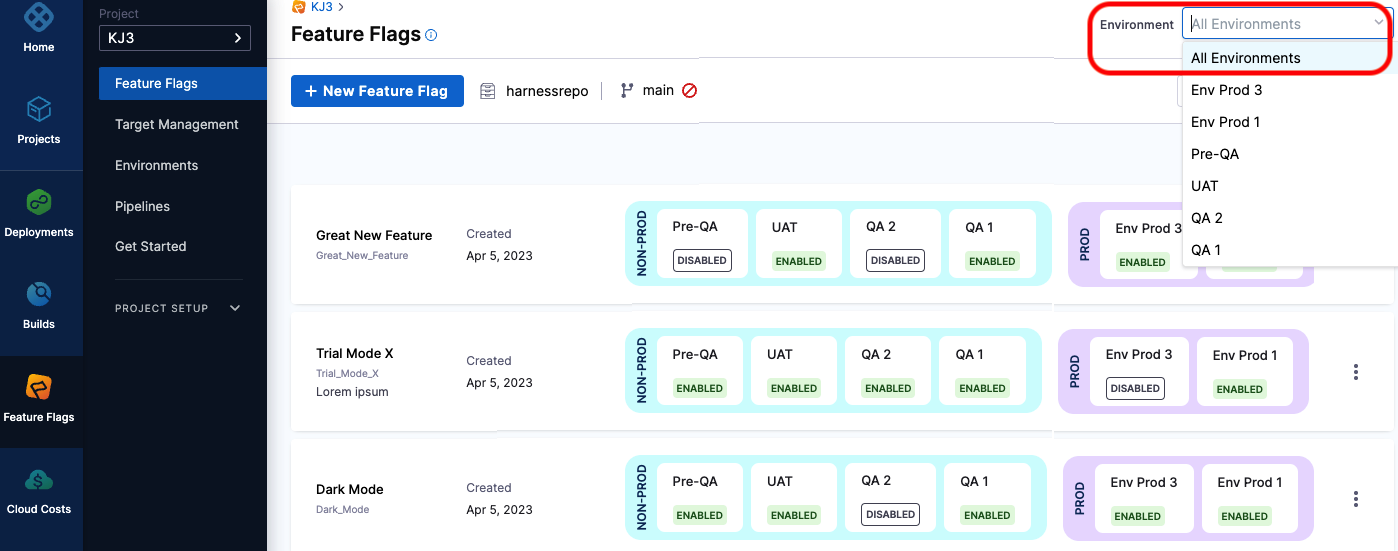 Dashboard with all environments selected